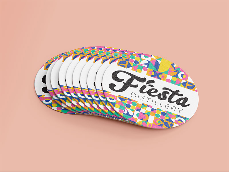 Fiesta Distillery full branding package including logo design, car signage, product packaging of labels, cans and box packaging. Fiesta Distillery Drink Coasters