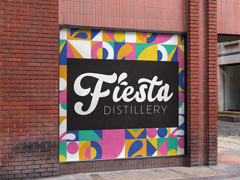 Fiesta Distillery full branding package including logo design, car signage, product packaging of labels, cans and box packaging.