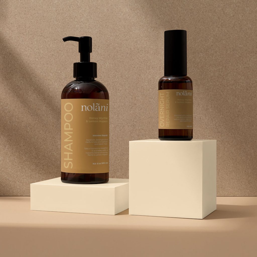 Nolani Australian Botanical Shampoo and repair serum packaging designed by Pixel Punch Design - Honey Myrtle & Lemon Aspen