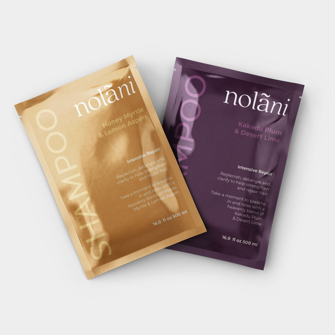 Nolani Australian Botanical Shampoo and repair serum packaging designed by Pixel Punch Design - Refill Sachet packaging featuring Kakadu Plum & Desert Lime plus Honey Myrtle & Lemon Aspen